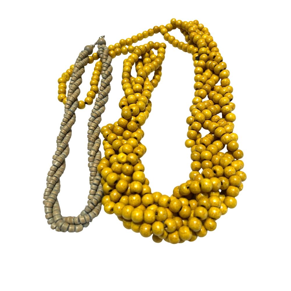 Two Necklaces Wooden Bead Braided Twists Boho Style
